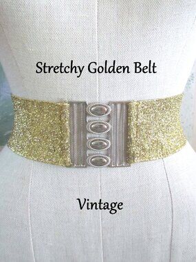 GOLDEN STRETCH BELT w SILVERTONE METAL BUCKLE, W: 36"-40" UNIQUE VINTAGE DESIGN